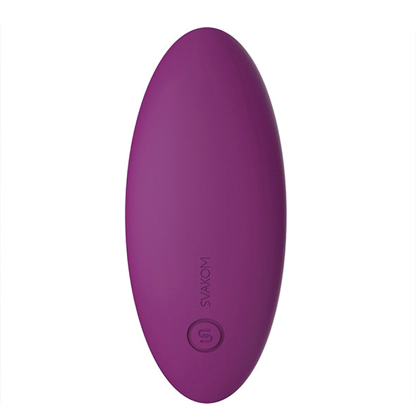 Bottom view in burgundy of the Svakom Edeny app-controlled couples vibrator is whisper quiet and can be worn discreetly in your underwear.