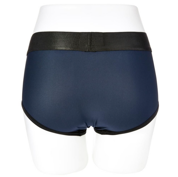 Rear view of the Sportsheets Em.Ex. Active Harness Wear - Fit. Boxer brief strapon harness that accommodates dildos up to 2" in diameter in navy blue/black, shown on a white mannequin - Sex Siopa, Ireland's best sex toys and accessories