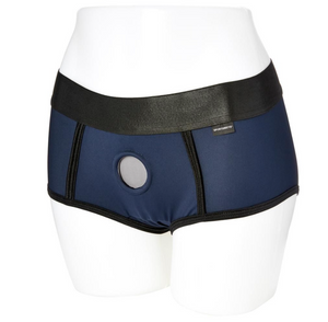 Sportsheets Em.Ex. Active Harness Wear - Fit. Boxer brief strapon harness in navy blue and black that accommodates dildos up to 2