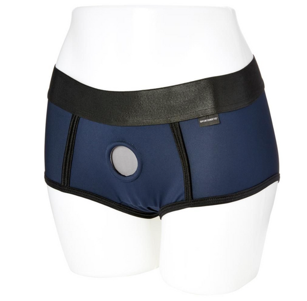 Sportsheets Em.Ex. Active Harness Wear - Fit. Boxer brief strapon harness in navy blue and black that accommodates dildos up to 2" in diameter. Shown on a white mannequin - Sex Siopa, Ireland's best sex toys and accessories 