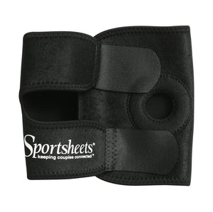 Sex toys Ireland - Sportsheets neoprene thigh strap on harness with adjustable velcro straps in black, shown on a white background.