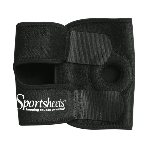 Sex toys Ireland - Sportsheets neoprene thigh strap on harness with adjustable velcro straps in black, shown on a white background.